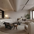 Modern Living Room Interior Design With White Sofas Black Chairs Round Rug And Green Plants