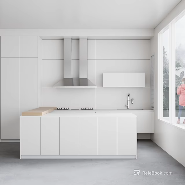 Modern White Kitchen Interior With Stainless Steel Range Hood And Island Counter 3d model 