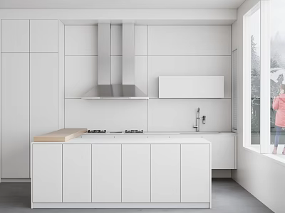 Modern White Kitchen Interior With Stainless Steel Range Hood And Island Counter 3d model