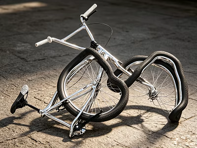 Modern Bicycle With Silver Frame And Large Tires Lying On Stone Ground 3d model