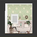 Cartoon Bathroom Scene Featuring Green Floral Wallpaper White Bathtub Sink Toilet Plants And Wooden Floor