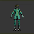 Detailed Green Spacesuit Character With Yellow Stripes Helmet Antenna Standing On Grey Background
