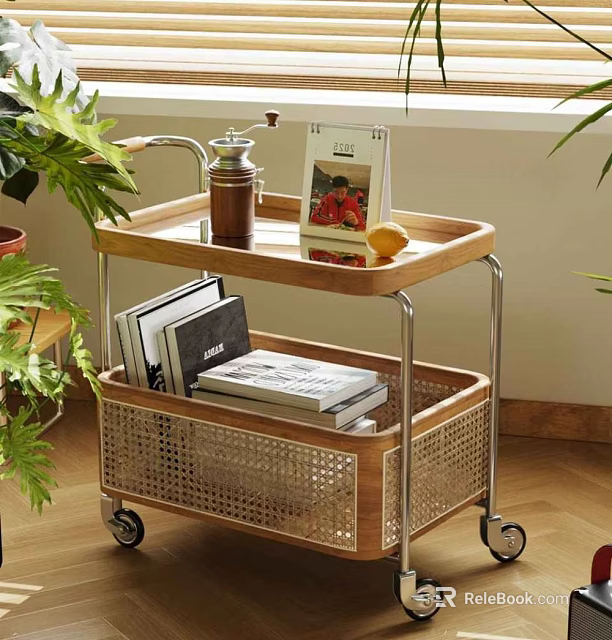 Wooden Two Tier Coffee Table With Rattan Basket Wheels Coffee Grinder Magazine Lemon And Plants 3d model 