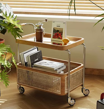 Wooden Two Tier Coffee Table With Rattan Basket Wheels Coffee Grinder Magazine Lemon And Plants 3d model