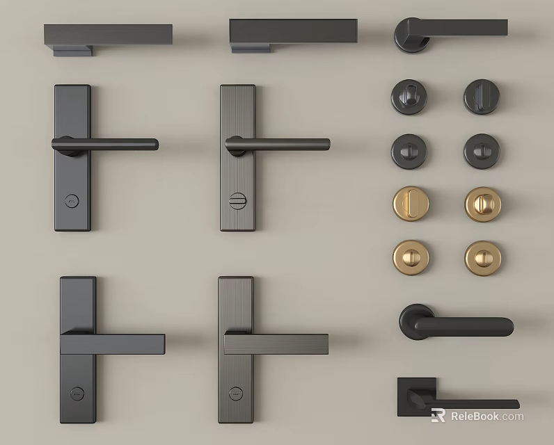 Modern Door Handles With Various Lever And Knob Designs In Black Gold 3d model 