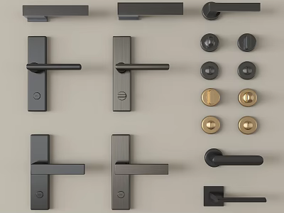 Modern Door Handles With Various Lever And Knob Designs In Black Gold 3d model