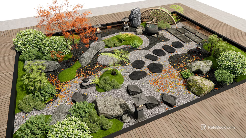 Natural Courtyard Garden Landscaping With Stone Pathway Green Plants And Large Rocks 3d model 