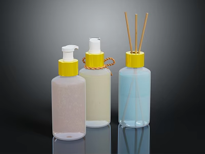 Plastic Bottles With Yellow Caps For Liquid Soap Lotion And Reed Diffuser 3d model