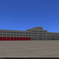 Modern Multi Storey Office Building With Red Doors Open Square Front And Blue Sky
