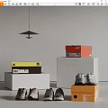CAT and PUMA Shoes Display with Colorful Shoe Boxes on White Stands