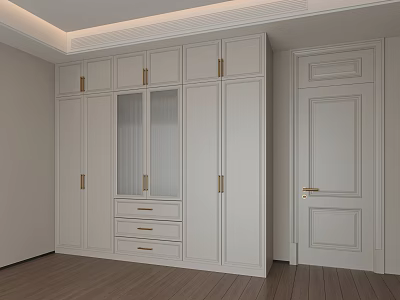 Modern White Built in Wardrobe With Gold Handles And Drawers Design 3d model