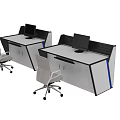 Modern Office Workstations With Gray Desks Blue Accents And Computer Monitors 3d model