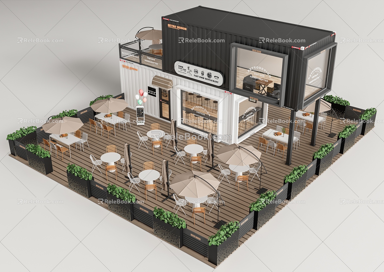 Modern coffee shop outdoor coffee shop commercial outdoor table and chair container flower box fence 3d model