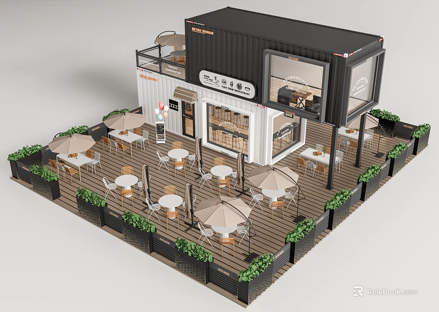 Modern Container Cafe With Outdoor Seating Tables Chairs Umbrellas And Green Plants 3d model 