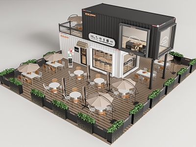 Modern coffee shop outdoor coffee shop commercial outdoor table and chair container flower box fence 3d model