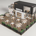 Modern Container Cafe With Outdoor Seating Tables Chairs Umbrellas And Green Plants