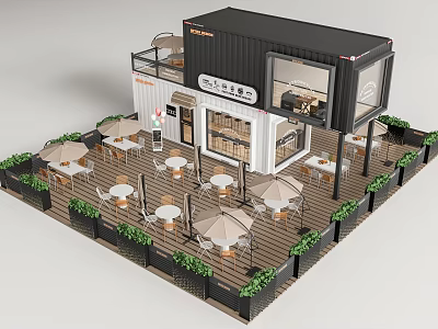 Modern Container Cafe With Outdoor Seating Tables Chairs Umbrellas And Green Plants 3d model