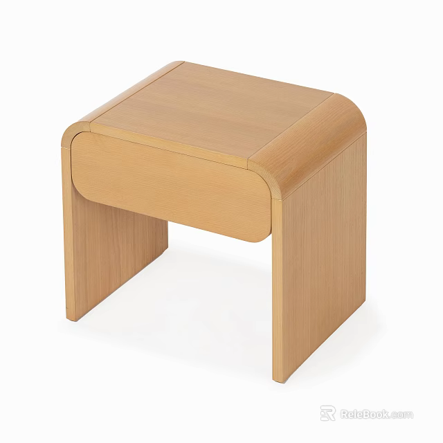 Wooden Bedside Table With Light Wood Finish Simple Design And Rounded Drawer 3d model 