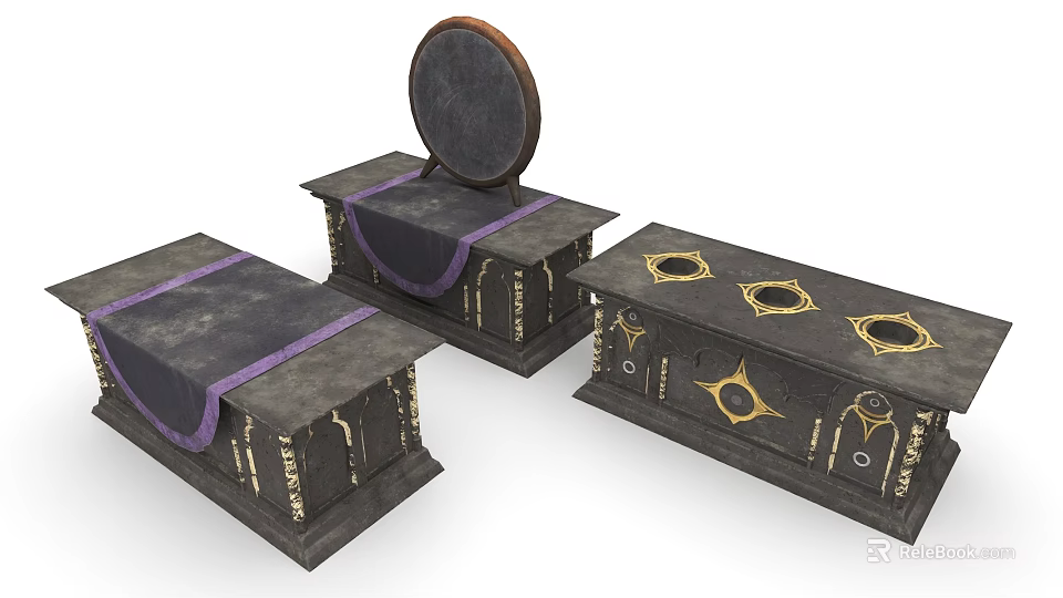 Dark Colored Functional Tables With Purple Cloth Straps Golden Decorations And Circular Holes 3d model 