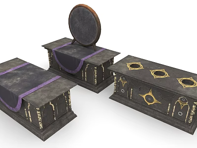 Dark Colored Functional Tables With Purple Cloth Straps Golden Decorations And Circular Holes 3d model
