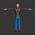 3D Cartoon Character Standing With Arms Outstretched Gray Sweater Red Tie Blue Pants Red Shoes