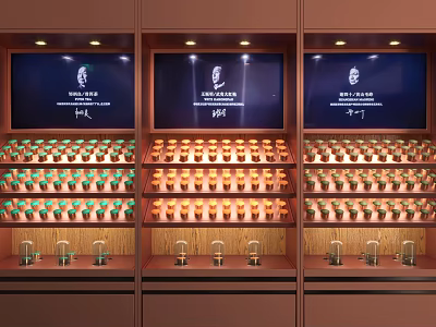Organized Display of Colorful Daily Living Product Containers in Wooden Cabinets with Screens and Shelves 3d model