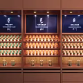 Organized Display of Colorful Daily Living Product Containers in Wooden Cabinets with Screens and Shelves