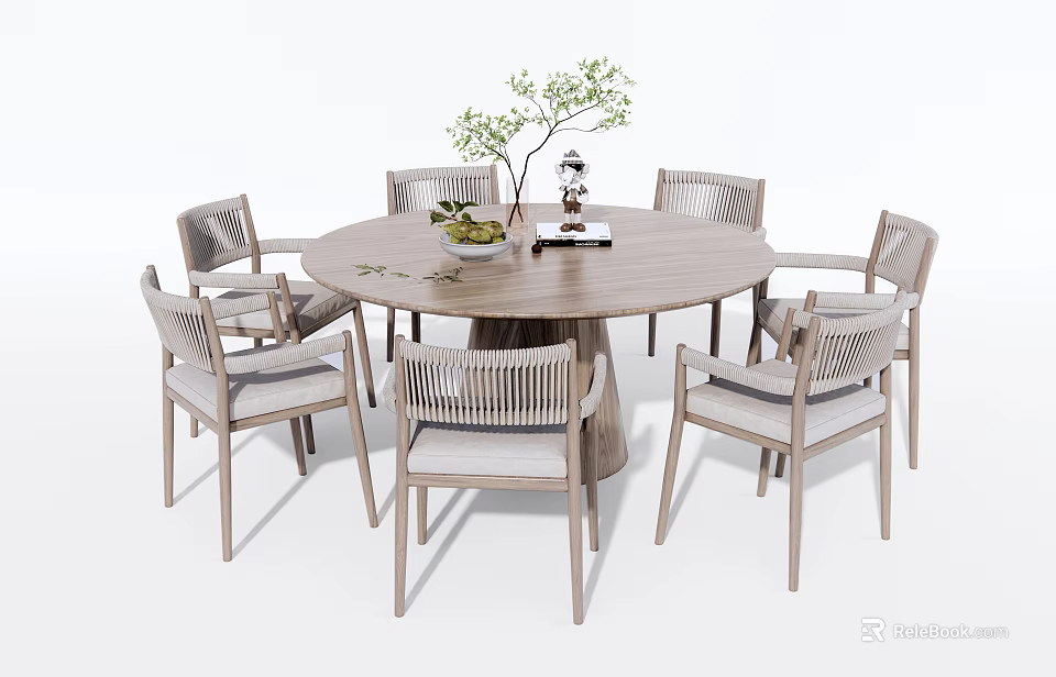 Minimalist Round Dining Table Set With Wicker Chairs And Decorative Plant 3d model