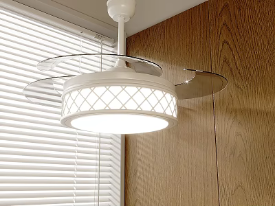 Bright White Chandelier With Diamond Pattern Shade In Interior With Wooden Wall And Window Blinds 3d model