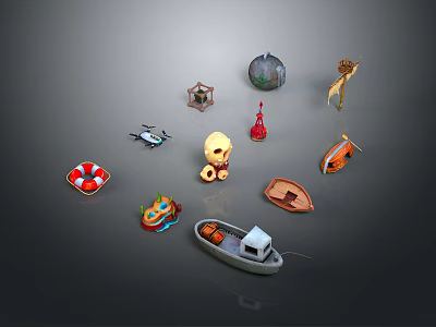 Collection of Various Miniature Models Including Lifebuoy Drone Boat Giraffe Lantern and Small House 3d model