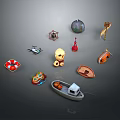Collection of Various Miniature Models Including Lifebuoy Drone Boat Giraffe Lantern and Small House