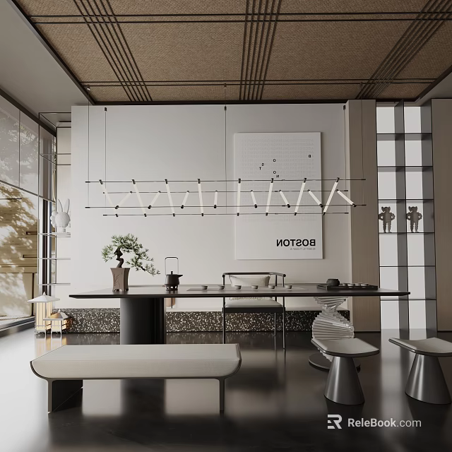 Modern Minimalist Dining Table Set With Long Table Hanging Light Chairs And Decorative Elements 3d model 