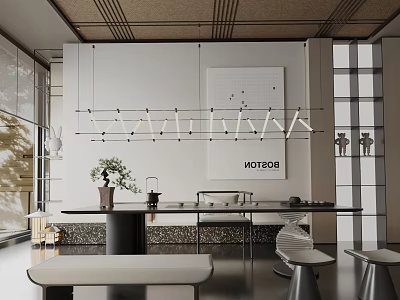 Modern Minimalist Dining Table Set With Long Table Hanging Light Chairs And Decorative Elements 3d model