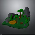 Low Poly 3D Forest Landscape With Green Trees Gray Rocks Campfire And Wooden Barrel