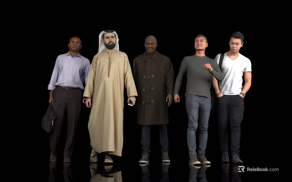 Five Men Standing Together Full Length In Different Traditional And Modern Clothing 3d model 