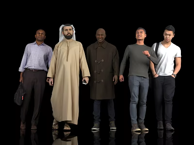 Five Men Standing Together Full Length In Different Traditional And Modern Clothing 3d model