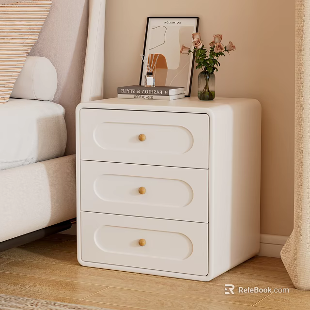 White Three Drawers Nightstand With Gold Knobs Books Photo Frame And Pink Flowers Vase 3d model 