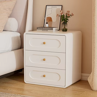 White Three Drawers Nightstand With Gold Knobs Books Photo Frame And Pink Flowers Vase 3d model