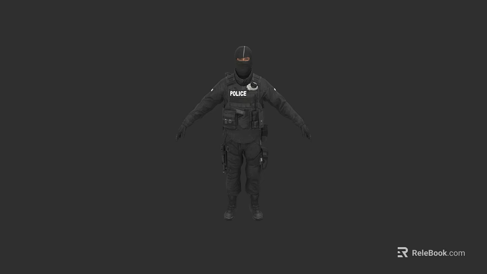 Man in Black Police Uniform With POLICE Text and Full Tactical Gear on Black Background 3d model 