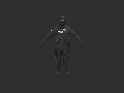 Man in Black Police Uniform With POLICE Text and Full Tactical Gear on Black Background 3d model
