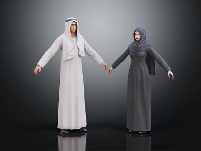 Middle Eastern Male and Female in Traditional Robes with Headscarves Holding Hands Against Dark Background 3d model