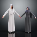 Middle Eastern Male and Female in Traditional Robes with Headscarves Holding Hands Against Dark Background