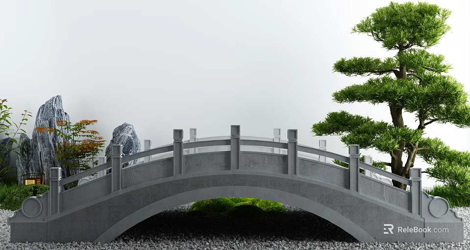 Courtyard Garden Featuring Gray Arch Bridge Pine Tree and Green Plants 3d model 