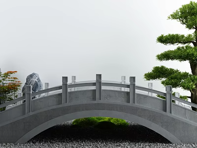 Courtyard Garden Featuring Gray Arch Bridge Pine Tree and Green Plants 3d model