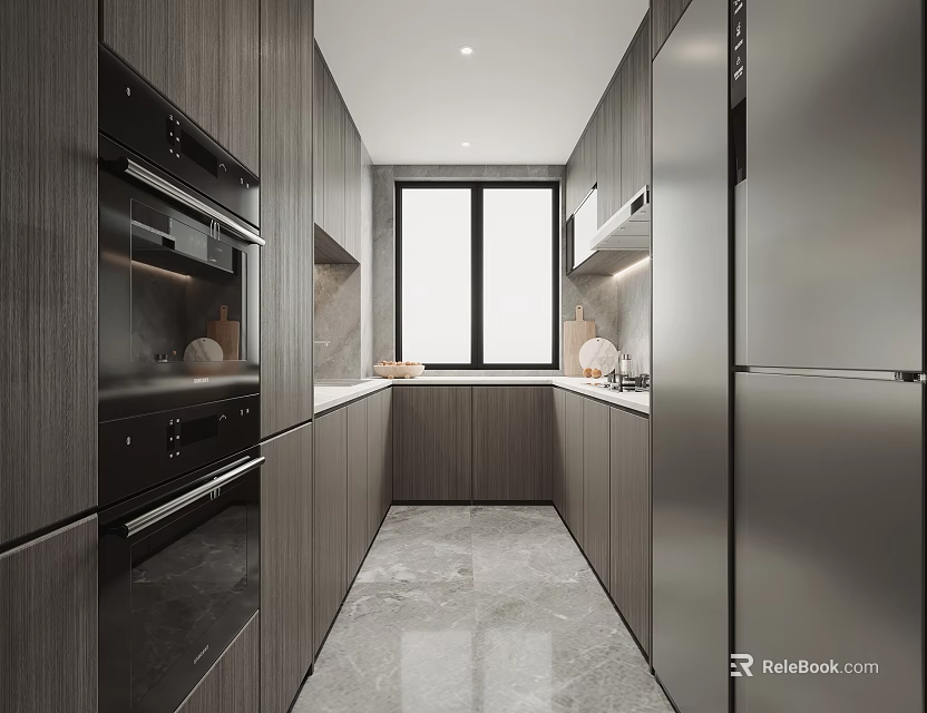 Modern Kitchen Interior With Dark Wooden Cabinets Stainless Steel Appliances And Marble Floor 3d model 