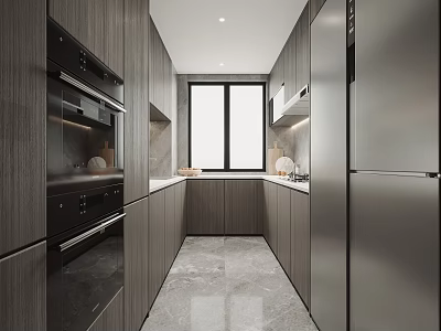 Modern Kitchen Interior With Dark Wooden Cabinets Stainless Steel Appliances And Marble Floor 3d model