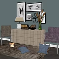 Stylish Beige Console Table In Entryway Interior With Decorative Paintings Chairs Table Lamp And Pillows