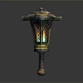 Traditional Decorative Lantern With Colored Glass Panels And Intricate Base Patterns