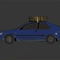 Blue Sedan Car With Luggage Tied On Roof Using Yellow Rope