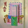 Vibrant Cartoon Balcony Scene With Colorful Bunting Rainbow Flag Flower Pots Black Lamp And Speakers